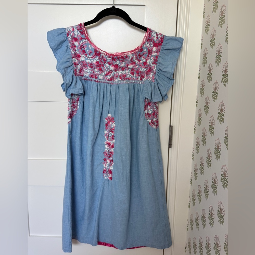Mi Golondrina chambray dress with flutter sleeves